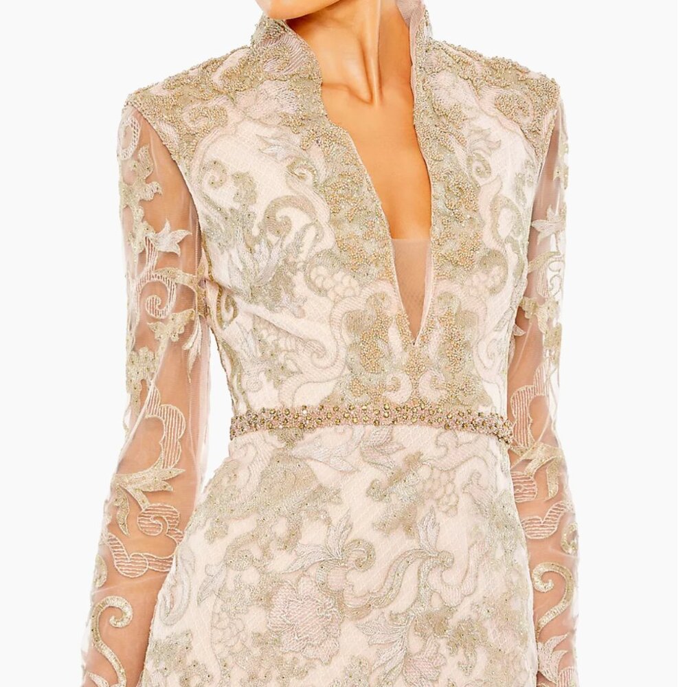 Stunning! Mac Duggal LONG SLEEVE APPLIQUE V-NECK GOWN (NEW)